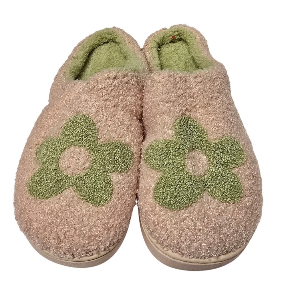 Jenni Intimates Womens Pink Green Sherpa Floral Slippers House Shoes Large NEW